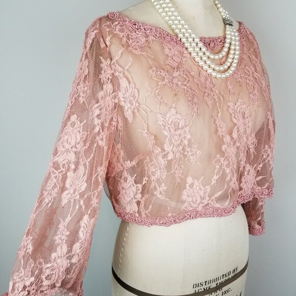 Romantic Rose Pink Sheer Lace Cropped 3/4 Slv Blouse * Size 14 Boutique Montage - Picture 5 of 6